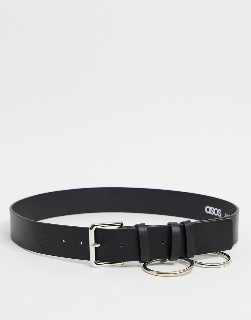 ASOS DESIGN wide belt in black faux leather with ring detail