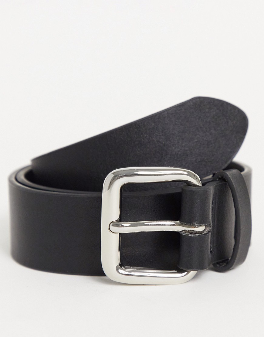 ASOS DESIGN wide belt in black faux leather with silver rectangle buckle