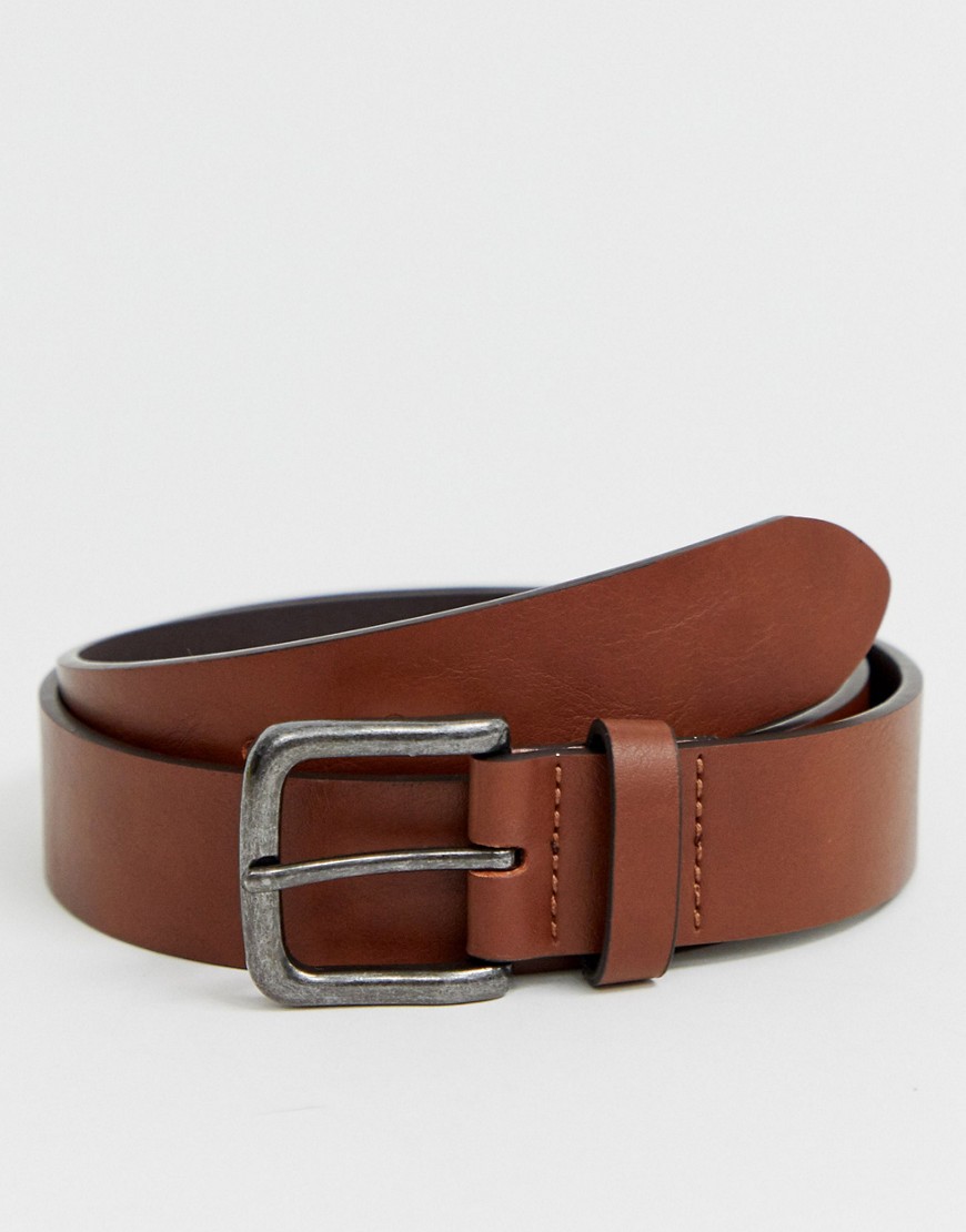 ASOS DESIGN wide belt in brown faux leather with burnished silver buckle