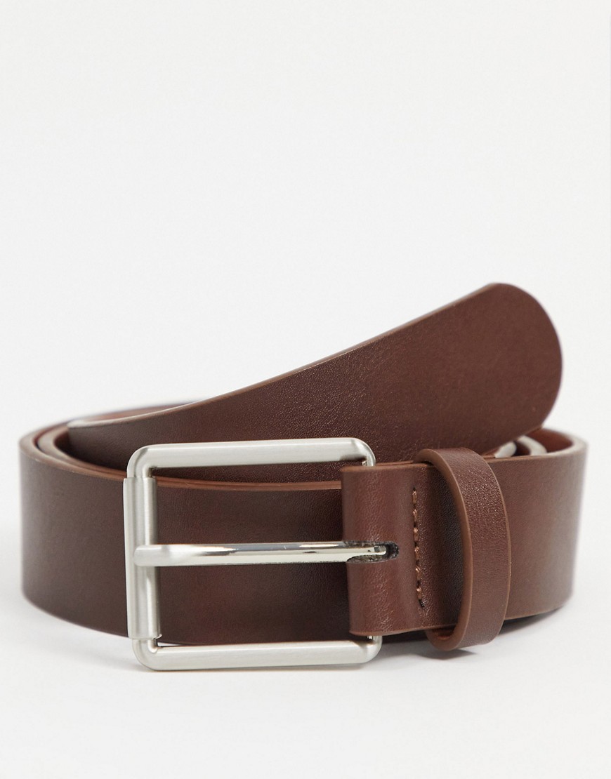 ASOS DESIGN wide belt in brown faux leather with silver roller buckle