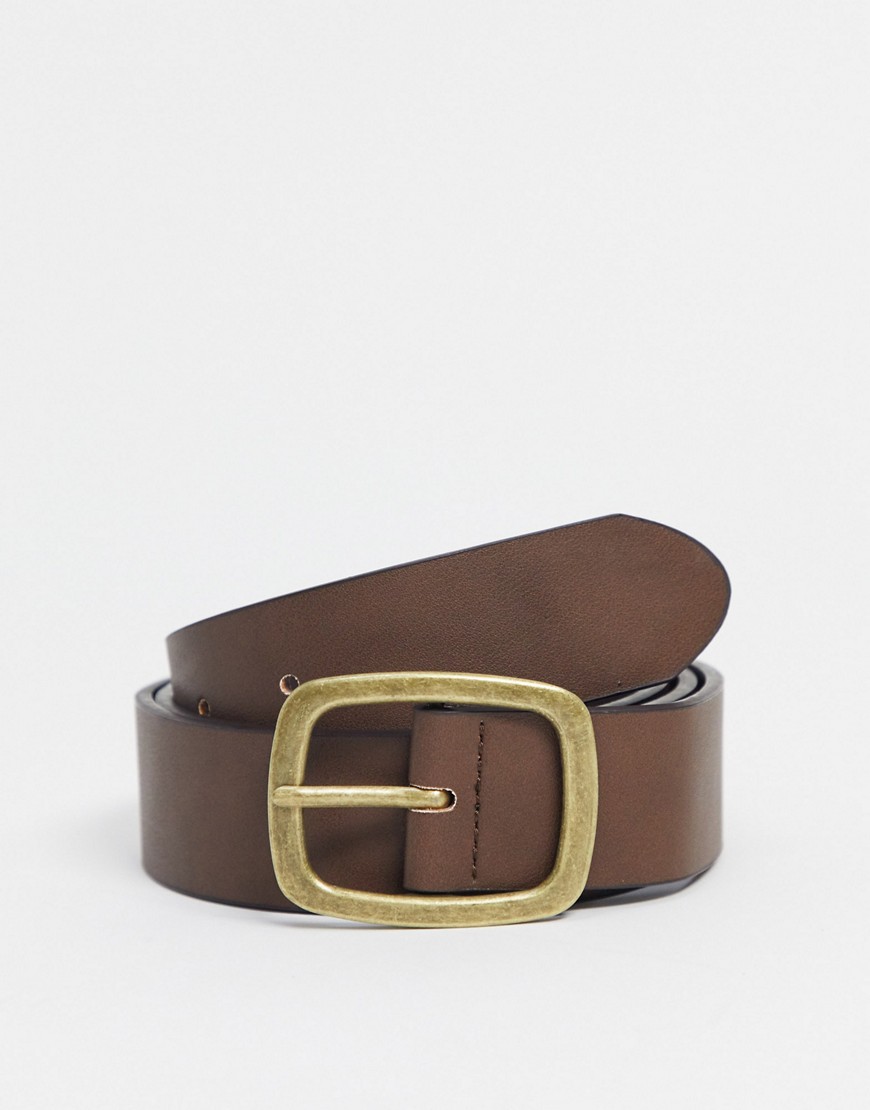 ASOS DESIGN wide belt in brown faux leather with vintage gold buckle