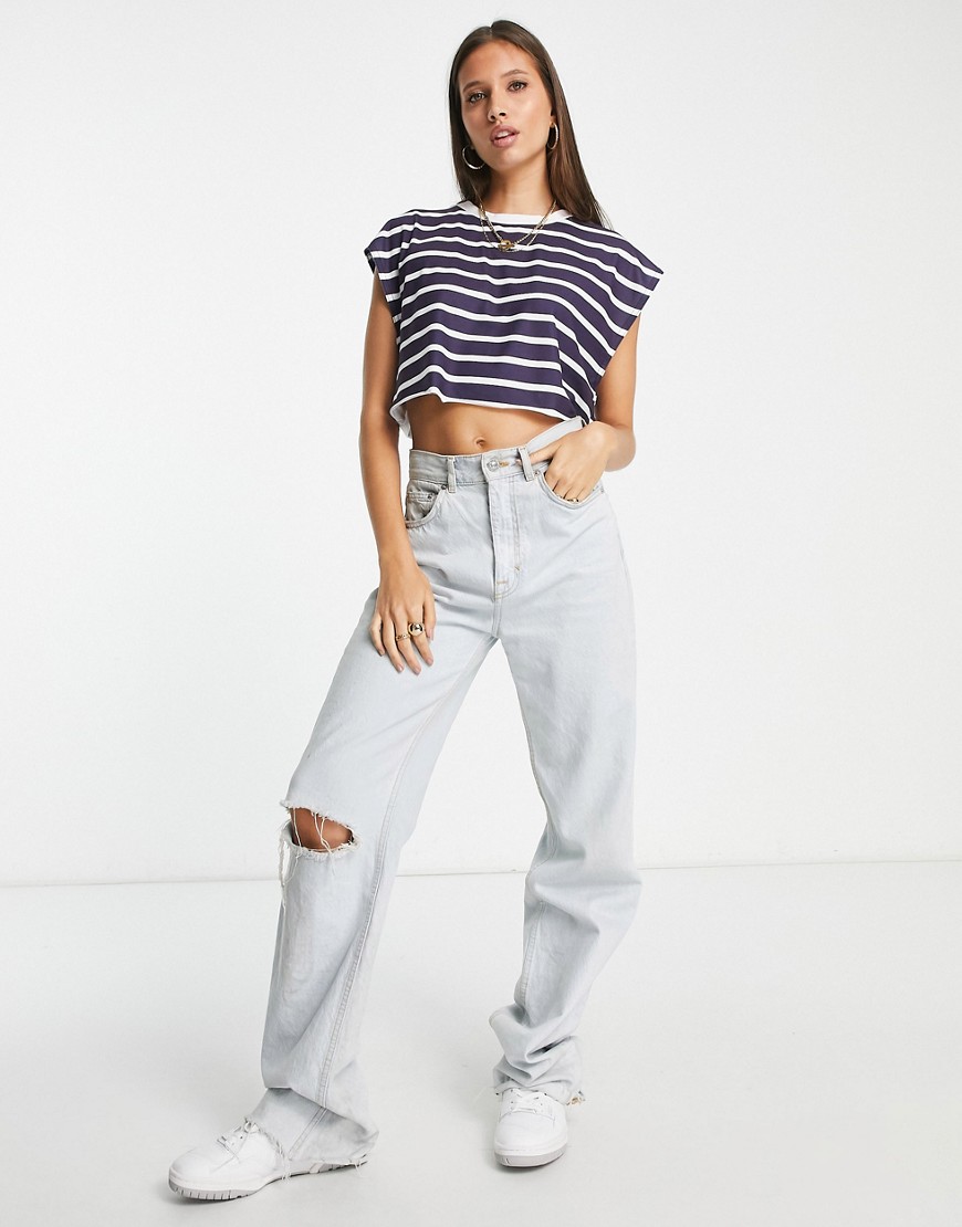 ASOS DESIGN wide boxy crop t-shirt with raw hem in navy and white stripe-Multi