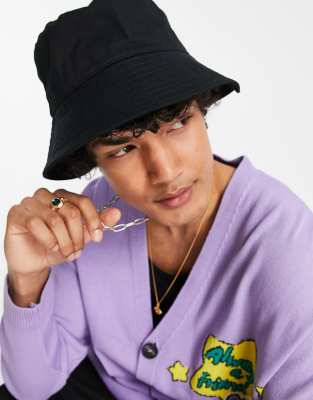 ASOS DESIGN wide brim bucket hat in black cotton