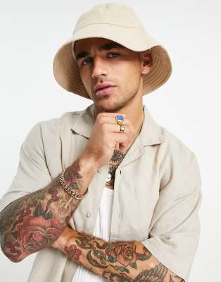 ASOS DESIGN wide brim bucket hat in stone linen-Neutral