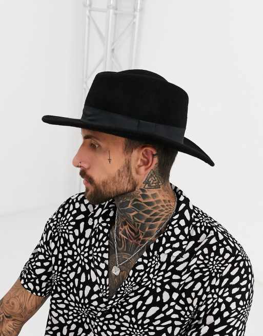 Asos Design Wide Brim Pork Pie Hat In Black With Band Asos