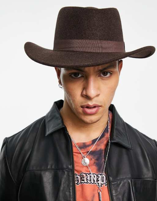 ASOS DESIGN wide brim pork pie hat in with adjustor in brown