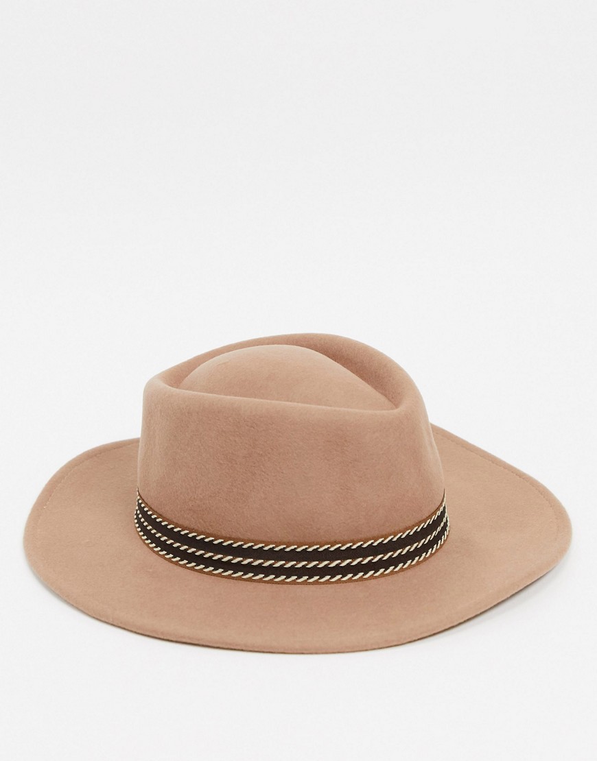 ASOS DESIGN wide brim pork pie hat with contrast band and size adjuster-Beige