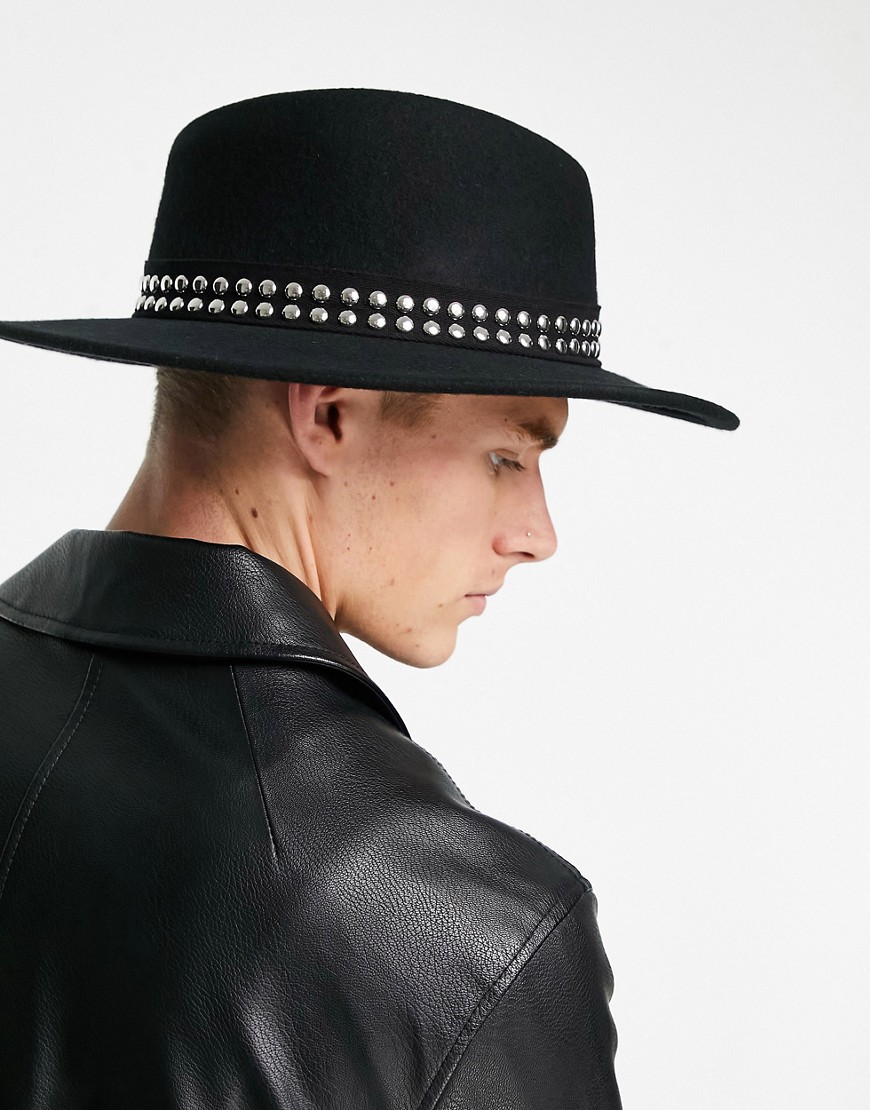 ASOS DESIGN wide brim pork pie hat with studded band and size adjuster in black
