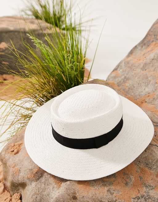 ASOS DESIGN wide brim pork pie straw hat in white with black band and size  adjuster