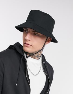 Asos Design Wide Brim Safari Bucket Hat In Black With Tie Drawcord