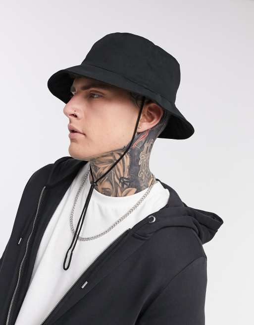 ASOS DESIGN wide brim safari bucket hat in black with tie drawcord | ASOS