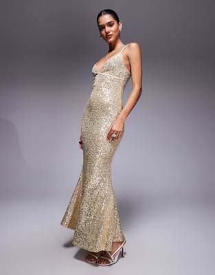 Asos Design Wide Cami Strap All Over Sequin Midi Dress In Neutral