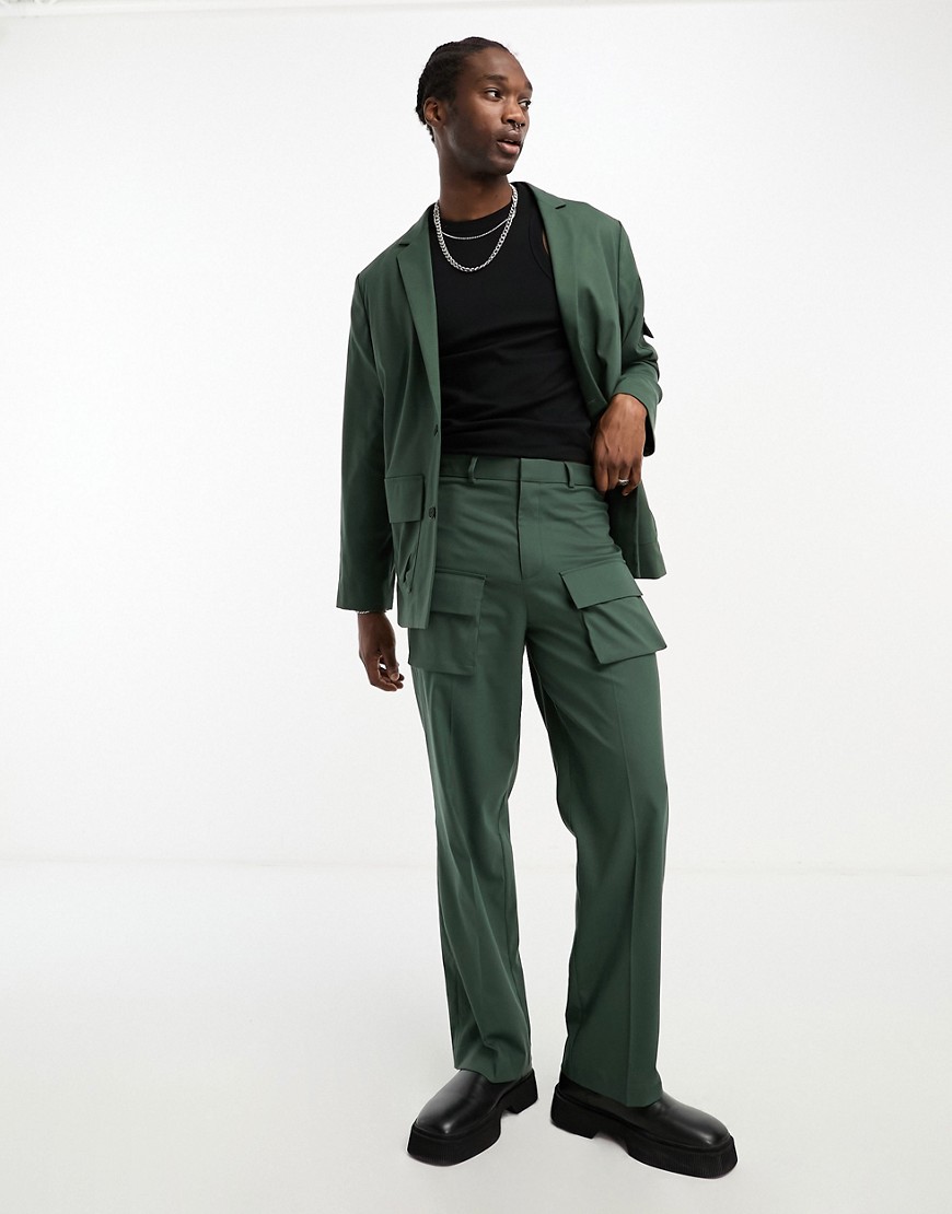Asos Design Wide Cargo Pocket Suit Pants In Green