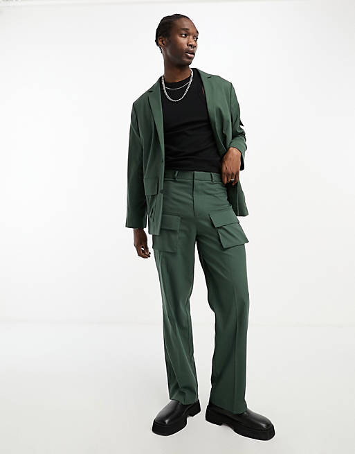 ASOS DESIGN wide cargo pocket suit trouser in green | ASOS