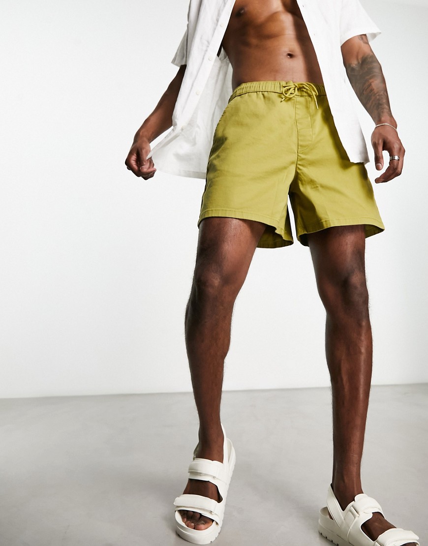 Asos Design Wide Chino Shorts In Shorter Length In Khaki-green