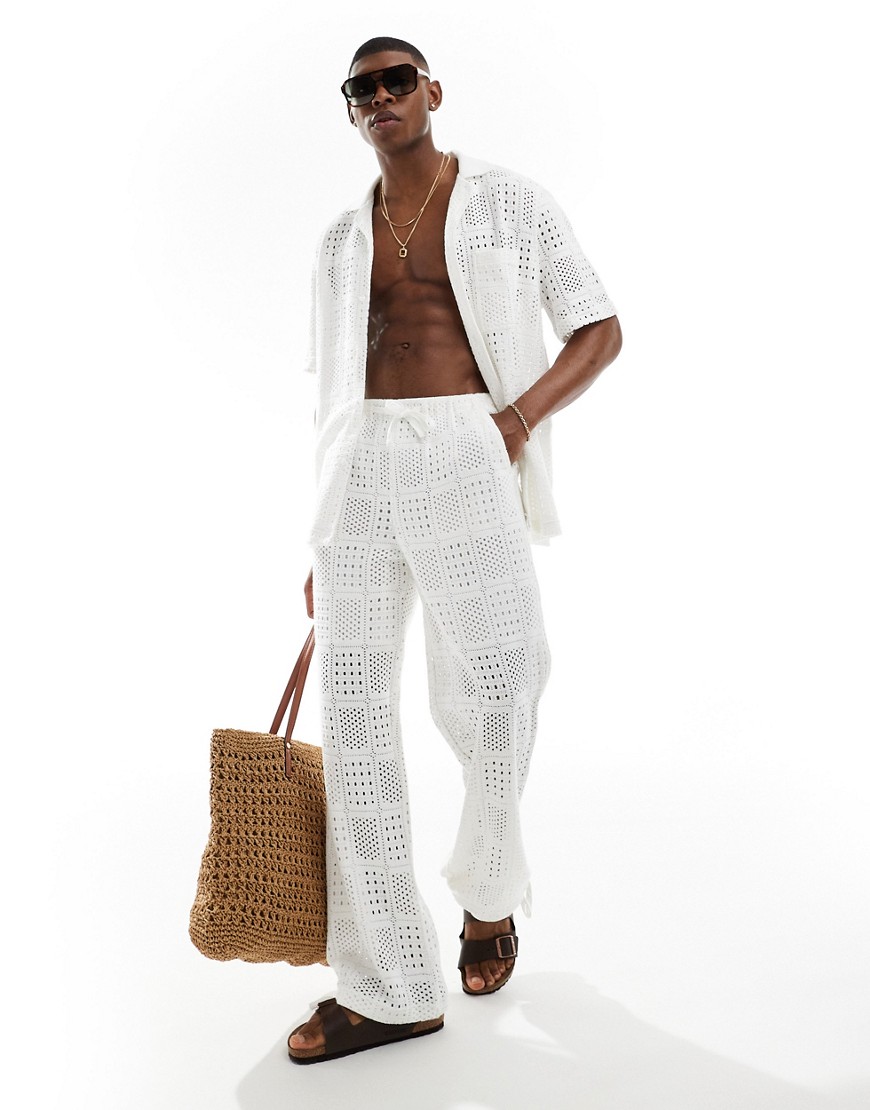 Asos Design Wide Crochet Pants With Elastic Waist In White - Part Of A Set