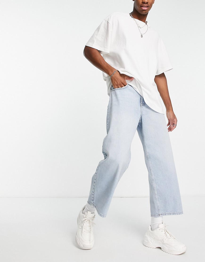 Asos Design Wide Crop Jeans In Light Wash-blue