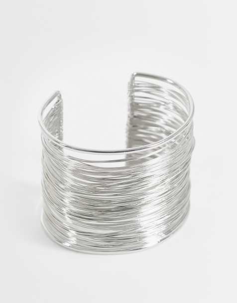 ASOS DESIGN wide cuff bracelet with wire design in silver tone - view 1