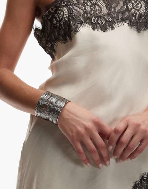 ASOS DESIGN wide cuff bracelet with wired design in silver tone - view 1