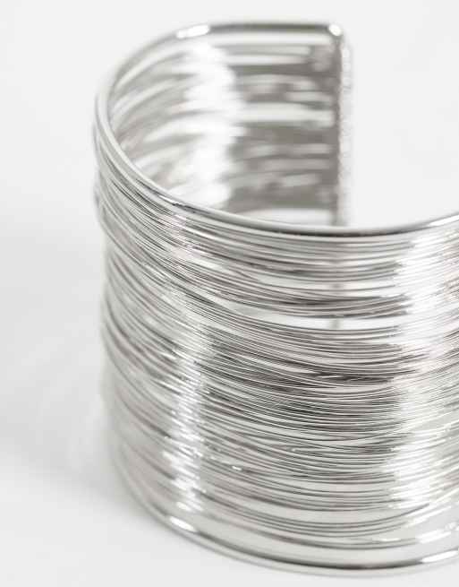 ASOS DESIGN wide cuff bracelet with wired design in silver tone, 2 of 3