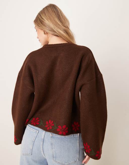 ASOS DESIGN wide cuff knit cardigan with floral design in brown