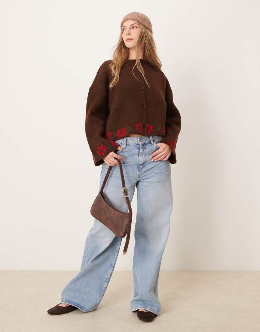 ASOS DESIGN wide cuff knit cardigan with floral design in brown