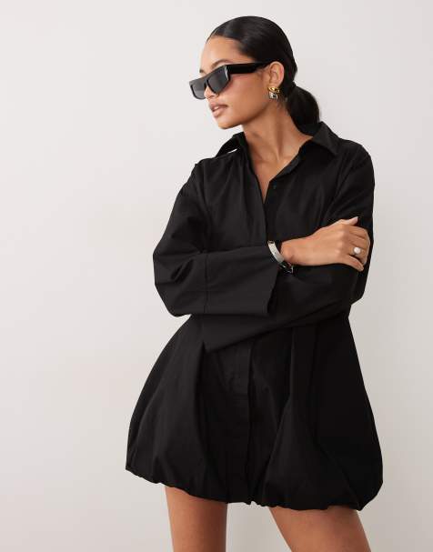 ASOS DESIGN wide cuff shirt mini dress with bubble hem in black - view 1