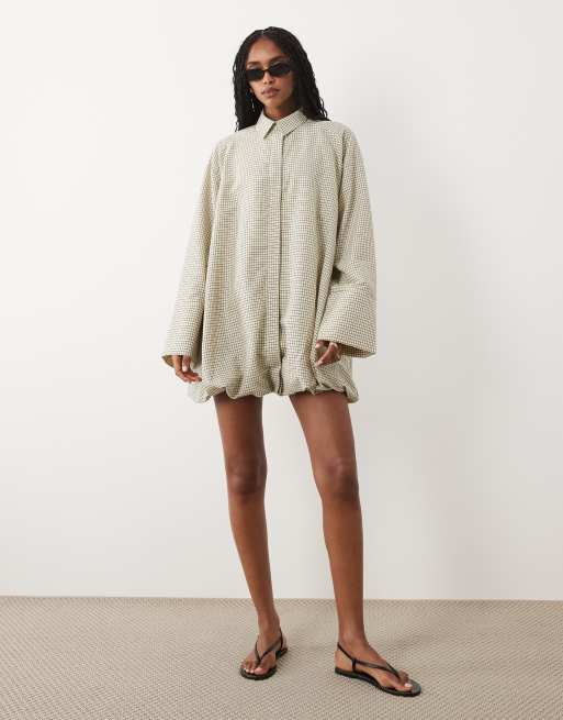 ASOS DESIGN wide cuff shirt mini dress with bubble hem in mono check, 2 of 4