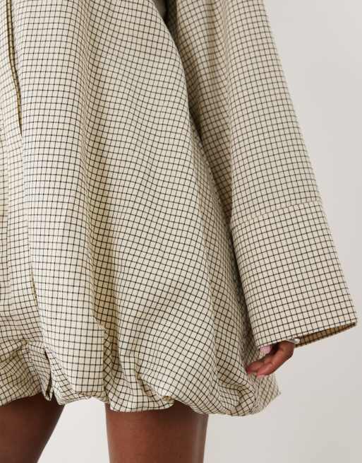 ASOS DESIGN wide cuff shirt mini dress with bubble hem in mono check, 3 of 4