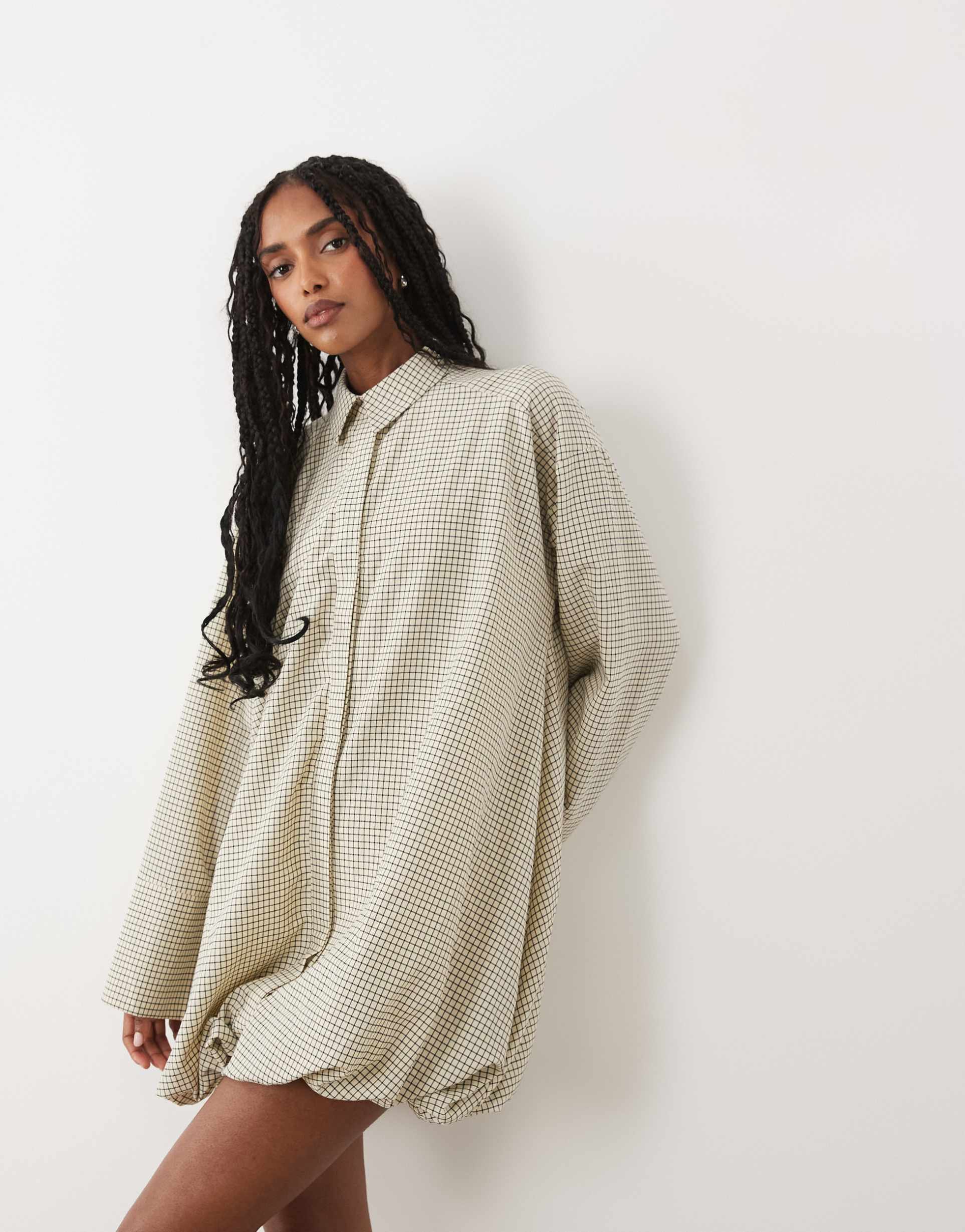 asos design wide cuff shirt mini dress with bubble hem in mono plaid