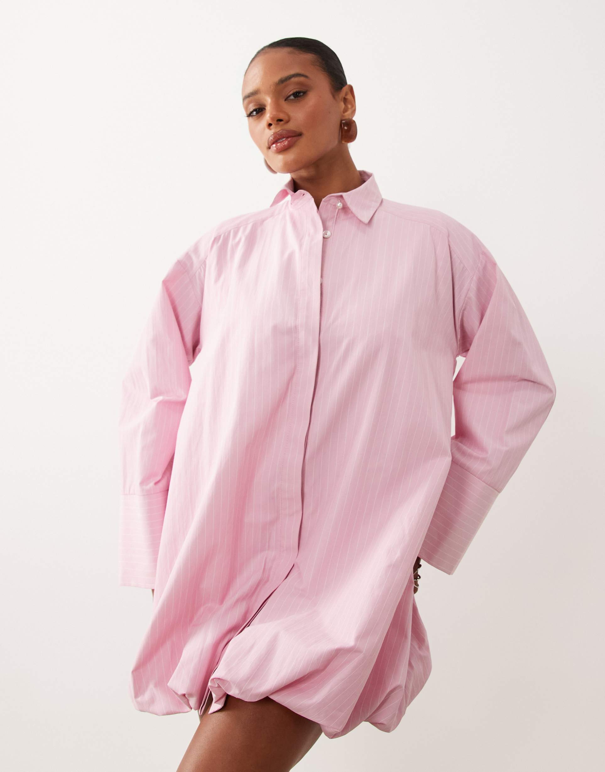 asos design wide cuff shirt mini dress with bubble hem in pink striped print