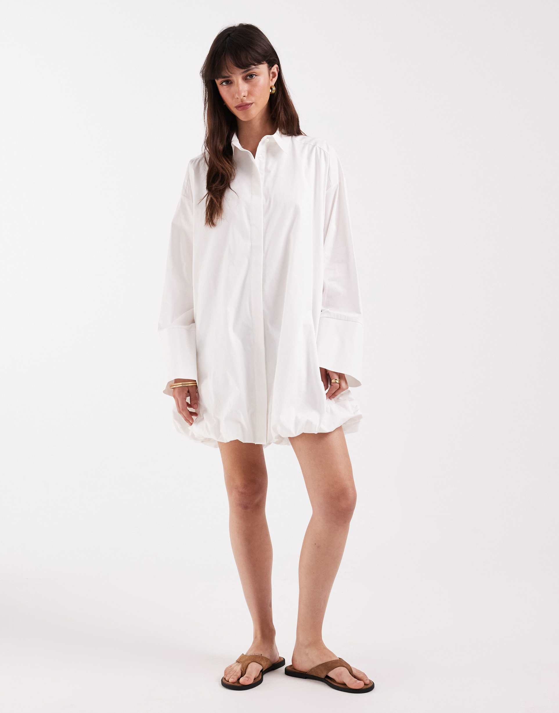 asos design wide cuff shirt mini dress with bubble hem in white