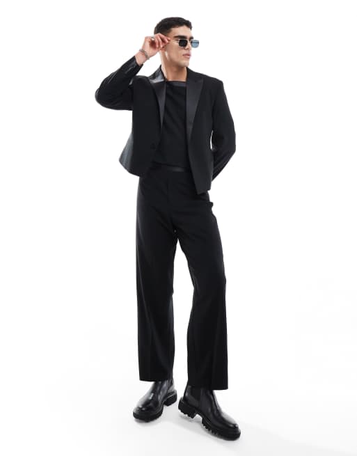 ASOS DESIGN wide cummerbund tuxedo suit pants in black | ASOS