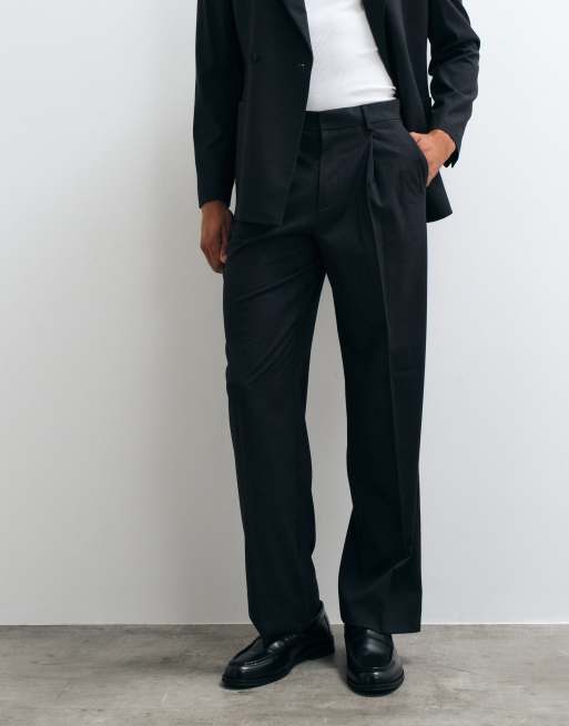 ASOS DESIGN wide denim look suit pants with pleat in black washable wool, 2 of 5
