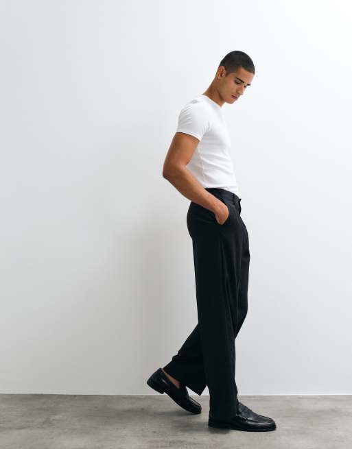 ASOS DESIGN wide denim look suit trouser with pleat in black washable wool, 3 of 5