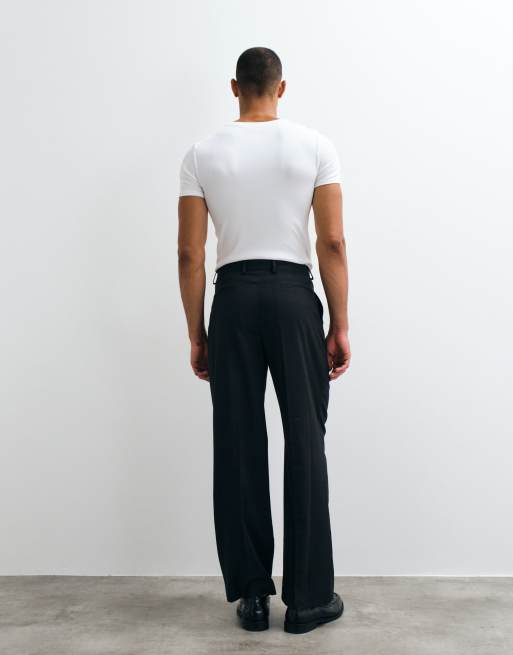 ASOS DESIGN wide denim look suit trouser with pleat in black washable wool, 5 of 5