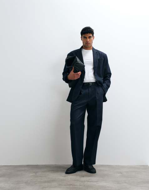 ASOS DESIGN wide denim look suit trouser with quarter elasticated waistband in navy - view 1