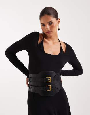 Asos Design Wide Double Buckle Waist Belt In Black