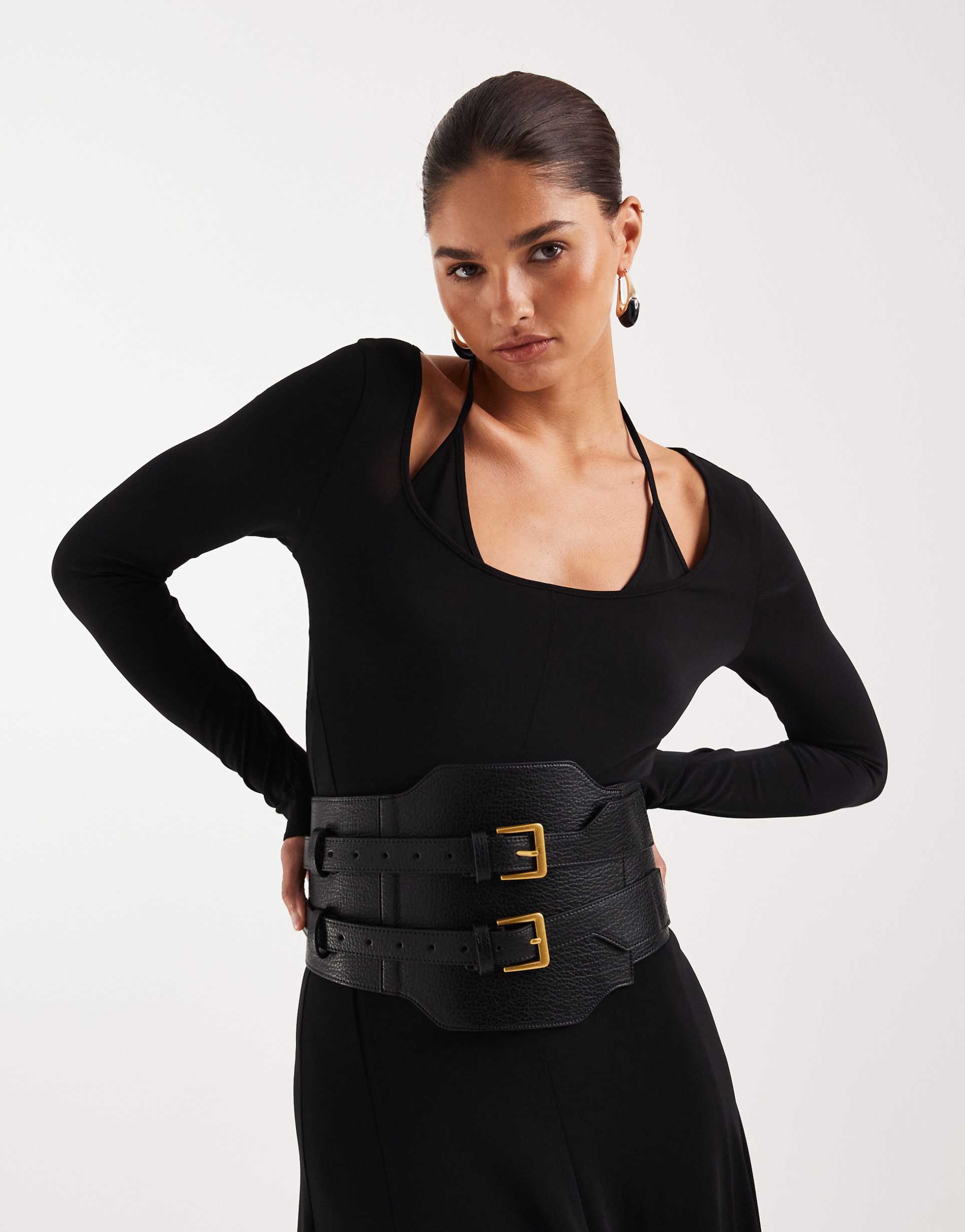 asos design wide double buckle waist belt in black