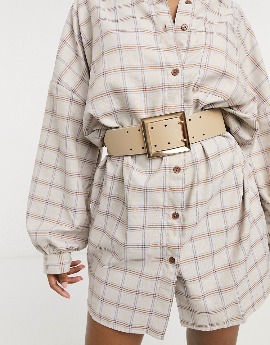 ASOS DESIGN wide double prong waist belt in beige-Neutral