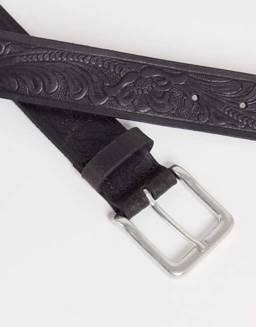 Men's Black Textured Leather Belt with Silver Buckle - Barneys