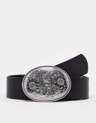 Asos Design Wide Faux Leather Belt In Black Texture With Western Statement Buckle In Black