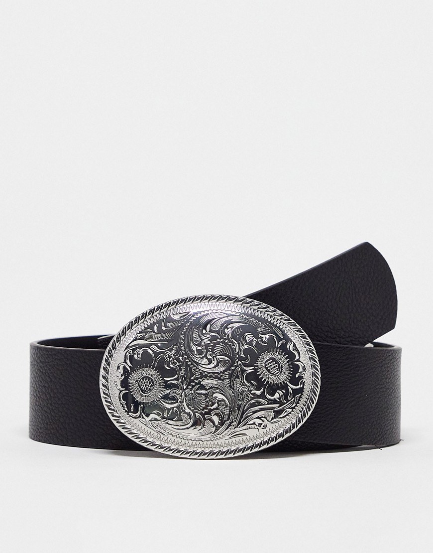 ASOS DESIGN wide faux leather belt in black texture with western statement buckle