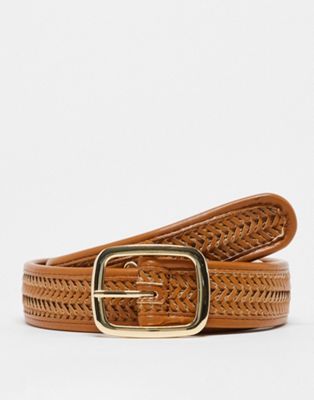 ASOS DESIGN wide faux leather braided belt with gold square buckle in tan