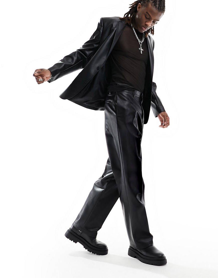 Asos Design Wide Faux Leather Suit Pants In Black