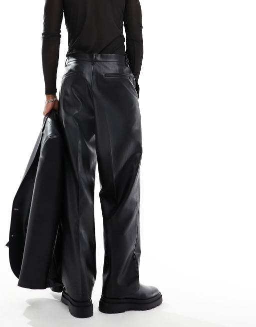 ASOS DESIGN wide faux leather suit pants in black | ASOS