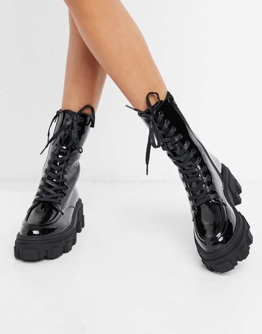 ASOS DESIGN Wide Fit Acoustic chunky lace up boots in black patent ASOS