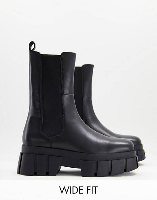 ASOS DESIGN Wide Fit Adjust premium leather chunky chelsea boots in black
