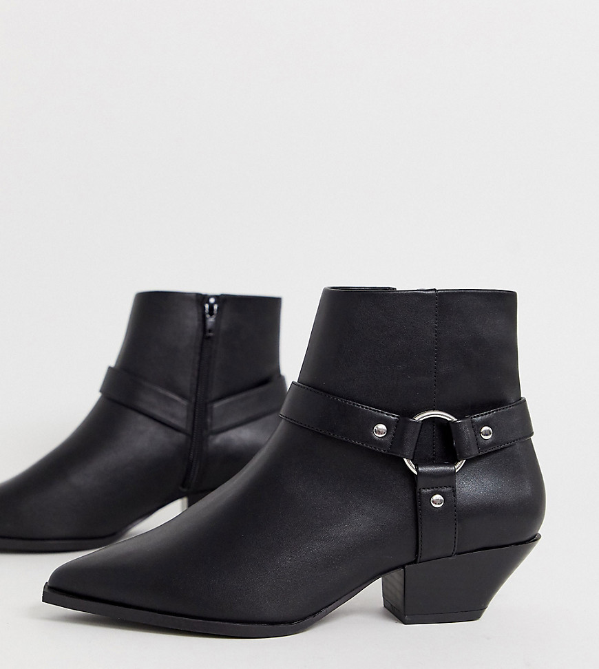 ASOS DESIGN Wide Fit Aidan harness western ankle boots in black