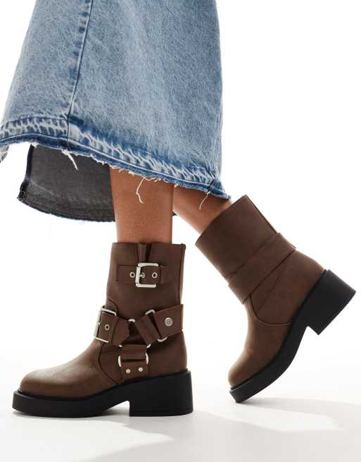 ASOS DESIGN Wide Fit Aim harness biker ankle boots in brown